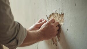 Gros plan des mains d'un homme touchant un mur en plâtre endommagé